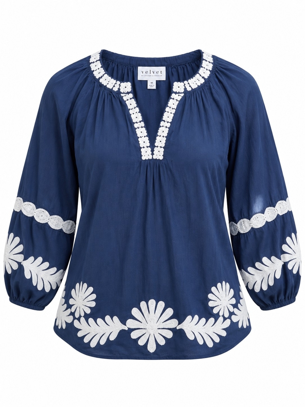 VELVET BY GRAHAM & SPENCER | Navy Embroidered Boho Cotton Crochet Blouse | M